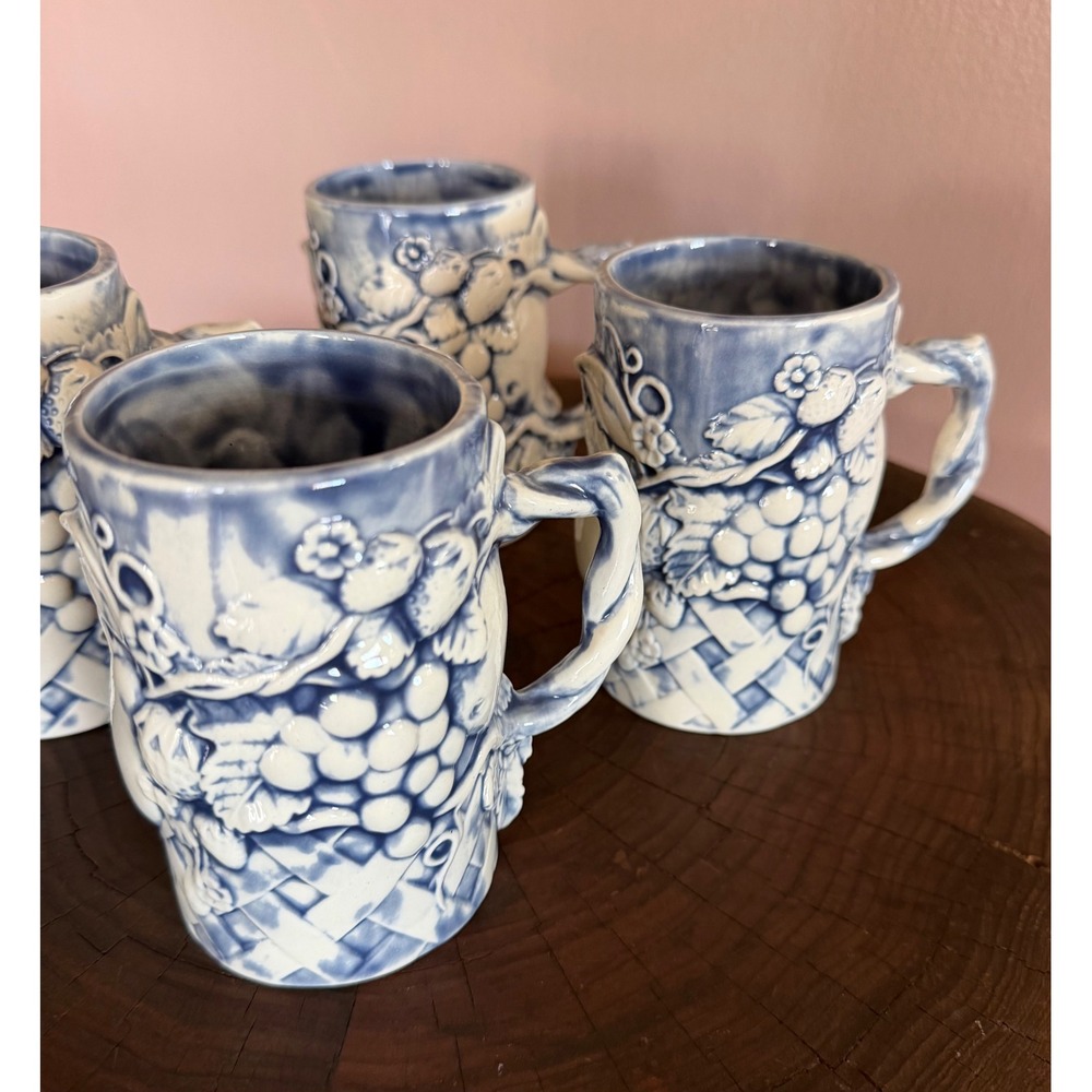 Vintage Blue White Embossed Fruit Basketweave Ceramic Mugs Set of 4 Cottagecore - Picture 2 of 6